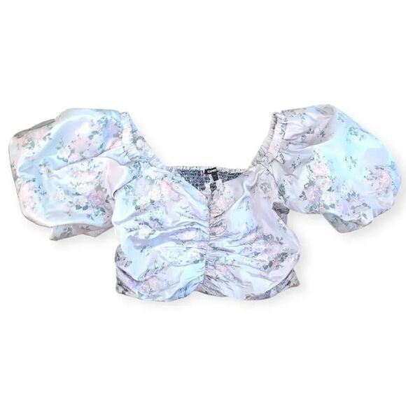 Express Lavender Purple Floral Short Puff Sleeve Ruched Cropped Top - Picture 2 of 5